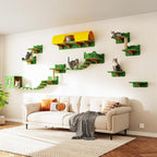 16-in-1 Cat Wall Shelves, Cat Furniture w/Tunnel & Bridge, Green | Wall Mounted Cats Shelf Set with Plush Fabric, Cat Climbing Wall Systems for 16 Inch Drywall, with Scratching Posts, Condos