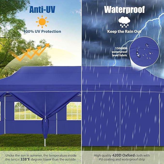 HOTEEL 10x30 Pop up Canopy Tent for Parties, Heavy Duty Easy Setup Tent with 8 Sidewalls, Outdoor Commercial Instant Gazebo for Wedding Event, with Portable Bag & Sand Bags, Dark Blue(Hexagonal Frame)