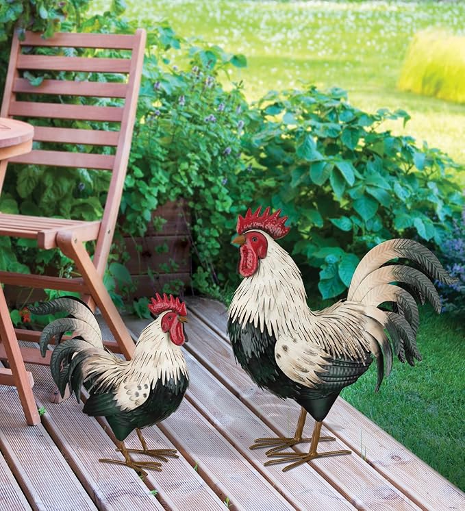Regal Art & Gift Handcrafted Metal Rooster Statue, Weather-Resistant Farmhouse Yard Art, Indoor/Outdoor Garden Sculpture, Detailed Feather Design, Decorative Bird for Home & Garden, Verde, 14" Height