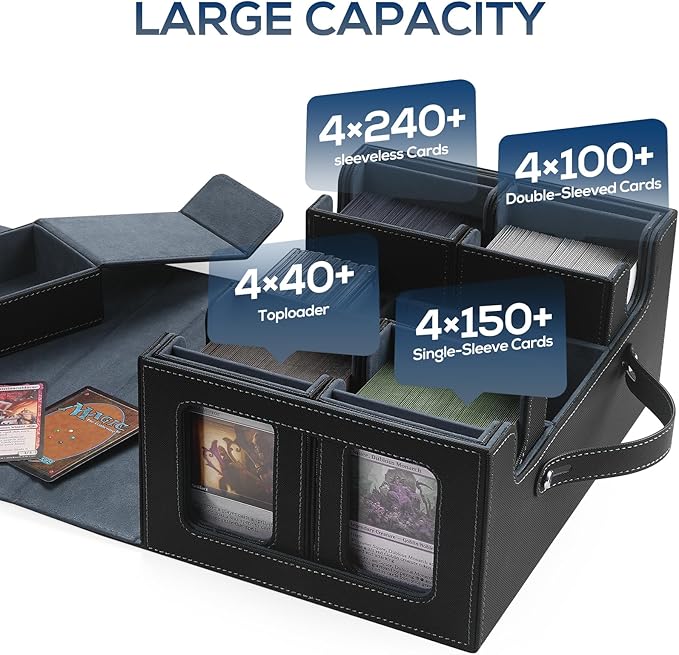 Trading Card Storage Box for MTG, card storage box with Commander Display，Multi-purpose Deck Case for MTG TCG Sports Card, 4 Toploaders, 4 Stoppers, 4 Colorful Dividers (Black & Grey)