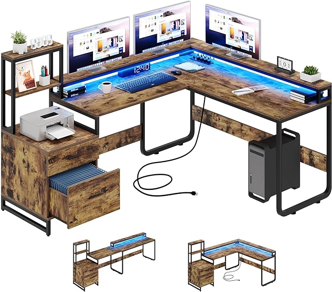 YITAHOME L Shaped Desk with Power Outlets & LED Lights, Reversible Computer Desk with Drawers & Hutch, Corner Desk Office Desk with Monitor Stand, Printer Stand, 2 Person Desk, Rustic Brown