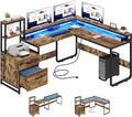 YITAHOME L Shaped Desk with Power Outlets & LED Lights, Reversible Computer Desk with Drawers & Hutch, Corner Desk Office Desk with Monitor Stand, Printer Stand, 2 Person Desk, Rustic Brown