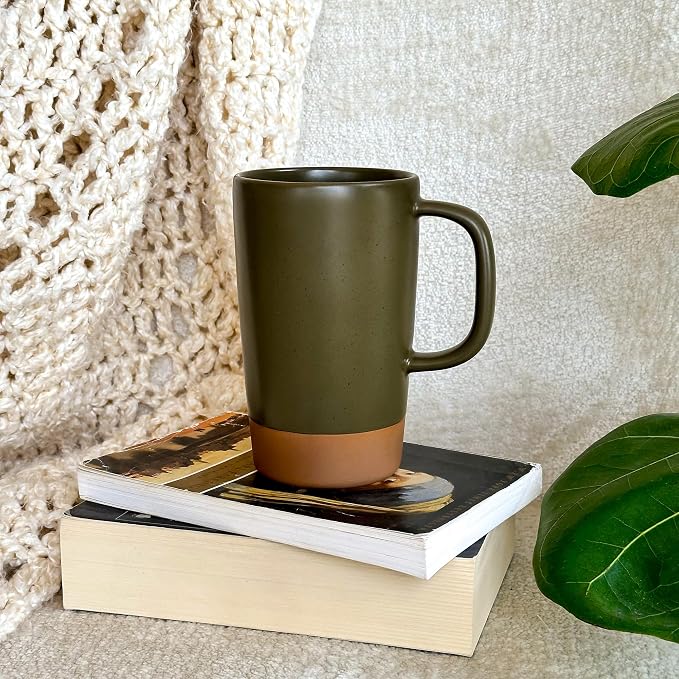 Mora Ceramics Large Tea Mug with Loose Leaf Infuser and Ceramic Lid, 18 oz, Portable, Microwave and Dishwasher Safe, Tall Coffee Cup - Rustic Matte Ceramic Glaze, Modern Herbal Tea Strainer, Olive