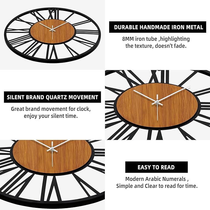 LEIKE 30" Oversized Large Wall Clocks,Silent,Non Ticking,Battery Operated Modern Round Big Wood Decorative Metal Wall Clock for Living Room, Bedroom,Kitchen,Farmhouse,Office Decor - Black,30 Inch