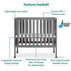 Jett Non-Full Size Folding Convertible Crib, Lightweight Portable Crib, Three Adjustable Mattress Height Settings, Easy to Fold Travel Crib, 1.5” Mattress Pad Included