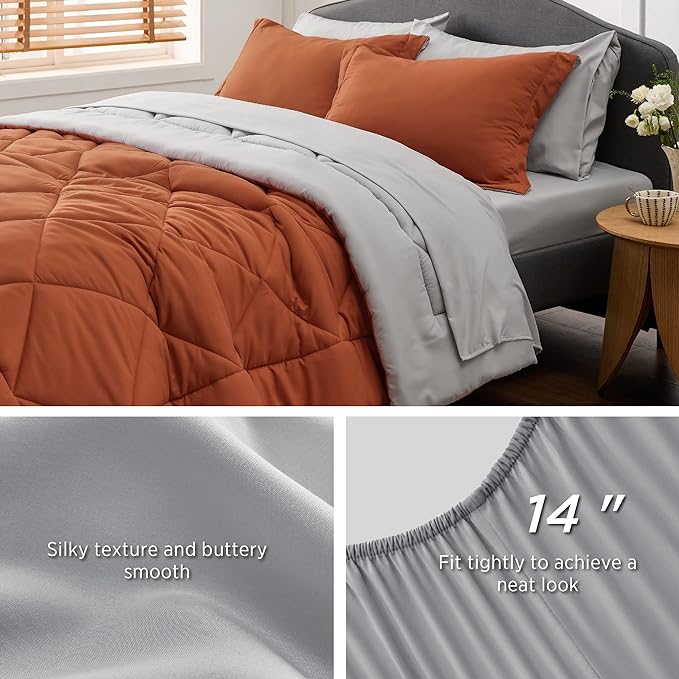 Bedsure Burnt Orange Queen Comforter Set - 7 Pieces Reversible Queen Bed in a Bag Queen Bed Set with Comforters, Sheets, Pillowcases & Shams, Queen Bedding Sets
