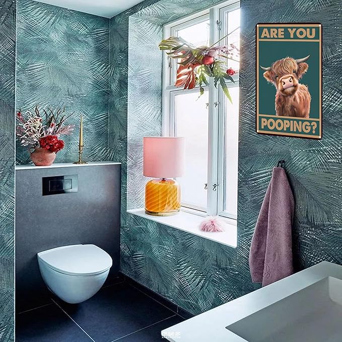 Vintage Highland Cow Tin Sign: Funny "Are You Pooping?" Bathroom Wall Decor for Western & Highland Cow Lovers 8 x 12 Inch (3039)