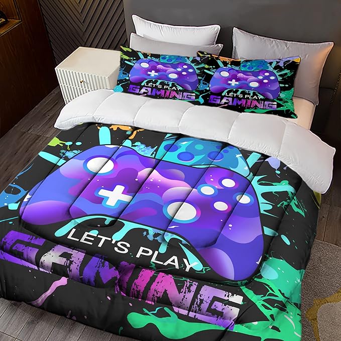 Sunnycitron Gaming Comforter sets for Boys Bedding Sets Kids Bed Comforter Set Gamer Bedding with Comforter Queen size Boys Teen Gamer Gamepad Comforter Set for Gaming bed,1Comforter 2Pillowcases