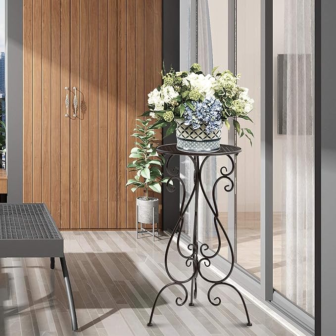 2 Pack Plant Stands Indoor Outdoor, Metal Flower Pot Holder 22.5 inch Tall, Heavy Duty Pedestal Plants Stand for Patio Garden Porch Corner Balcony, Brown