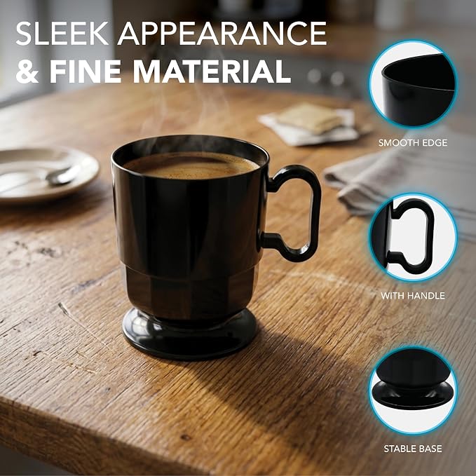 Party Essentials 8-Ounce Hard Plastic Coffee Cup/Tea Mug with Handle, 20-Count, Deluxe Black