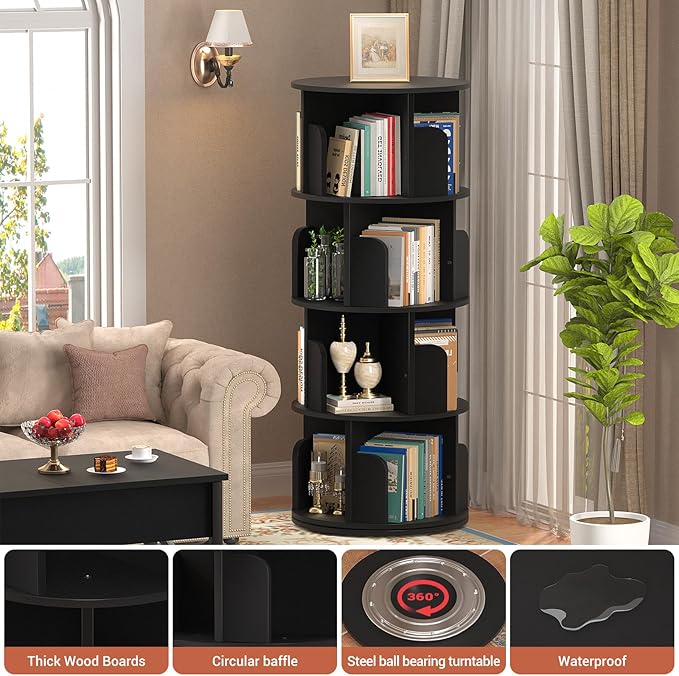 Rotating Bookshelf, Wood Corner Bookshelf, 360 Display Spinning Bookcase Storage Rack, 4 Tier Floor Standing Revolving Bookcase Narrow Book Shelf Organizer for Small Space, Bedroom, Black