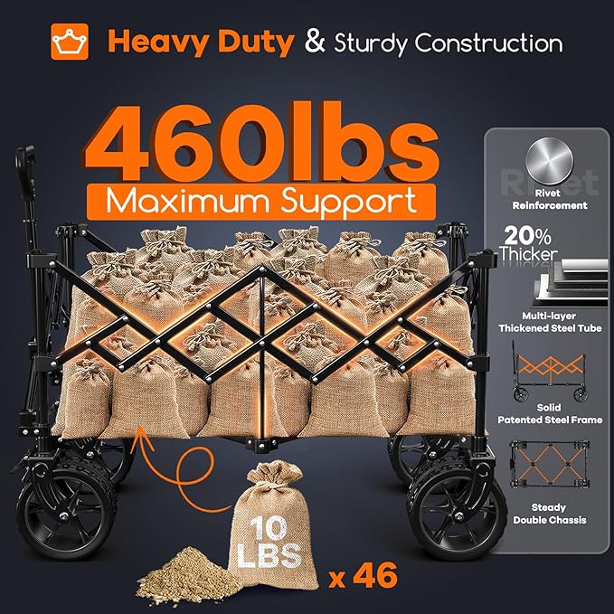 220L Collapsible Wagon Cart Foldable, 460lbs Load Capacity Heavy Duty Folding Beach Wagons with Big All-Terrain Wheels, Utility Carts for Groceries, Camping, Sports - Grey&Purple