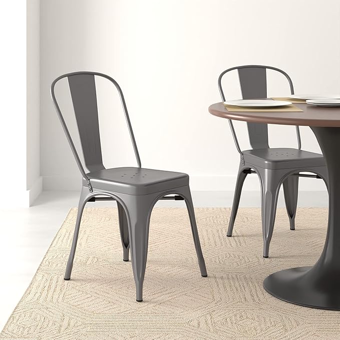 Amazon Basics Metal Dining Chairs, 4 Count, Dark Grey, 20.1 x 17.1 x 33.5 inches