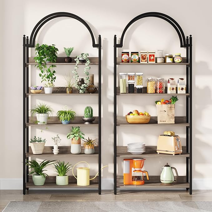 Tribesigns 5-Shelf Arched Bookcase, 72 inch Tall Rustic Wood Shelf with Black Metal Frame, Industrial Freestanding Open Bookshelf for Bedroom, Living Room,Small Spaces (Oak+Black, 1PC)