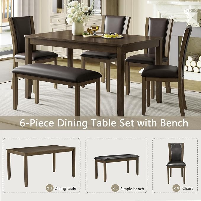 6-Piece Dining Table Set with Bench and Chairs - Solid Wood Kitchen Dining Room Table Set in Farmhouse Rustic Style, Table Set for 6 with 4 Chairs and Bench Seat.(Dark Walnut_Large)