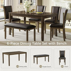6-Piece Dining Table Set with Bench and Chairs - Solid Wood Kitchen Dining Room Table Set in Farmhouse Rustic Style, Table Set for 6 with 4 Chairs and Bench Seat.(Dark Walnut_Large)