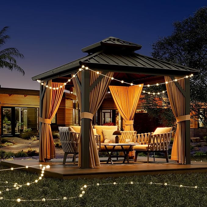 10'x10' Hardtop Gazebo, Heavy Duty Aluminum Permanent Hardtop Gazebo Outdoor Pavilion with Curtains and Netting for Garden (Khaki, 10'x10')