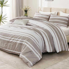 Bedsure Bed in a Bag Queen Size 7 Pieces, Light Camel White Striped Bedding Comforter Sets All Season Bed Set Khaki, 2 Pillow Shams, Flat Sheet, Fitted Sheet and 2 Pillowcases