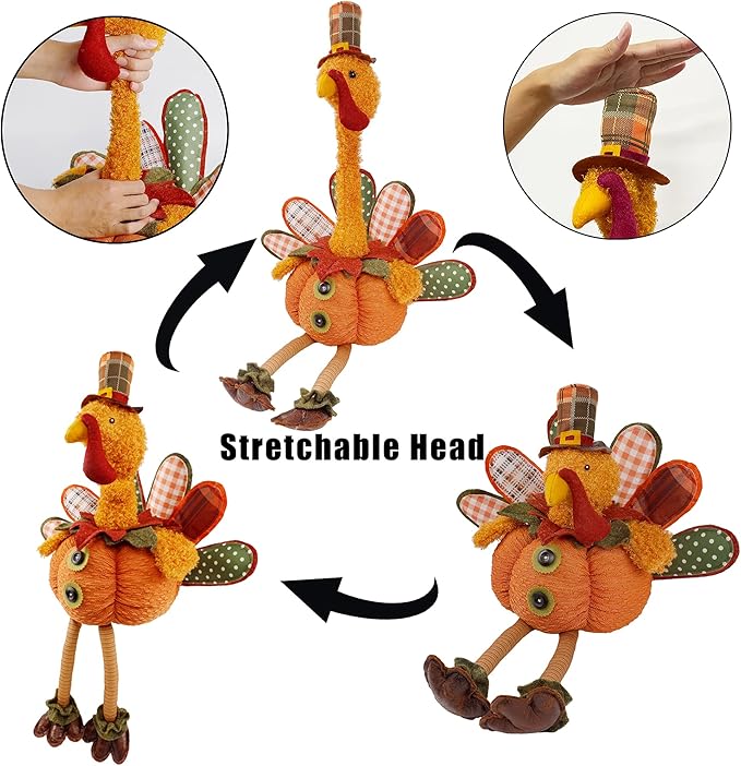 winemana Thanksgiving Decoration 31.5" x 18.5" Plush Turkey with Stretchable Head, Handmade Stuffed Sitting Turkeys Fall Decorations for Indoor Home Tabletop Party Autumn Decor (Cock)