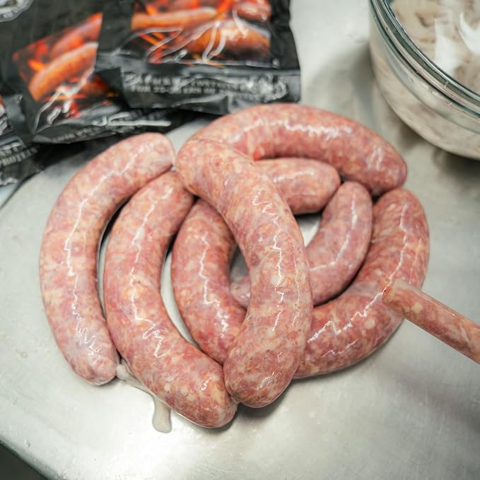 Bearded Butchers Hickory BBQ Bratwurst DIY Kit – Smoky Homemade Brats – Includes Classic Bratwurst Seasoning, Mozzarella, BBQ Sauce, Hickory Smoke Powder, & Natural Hog Casings – Seasons Up to 25 lbs Meat