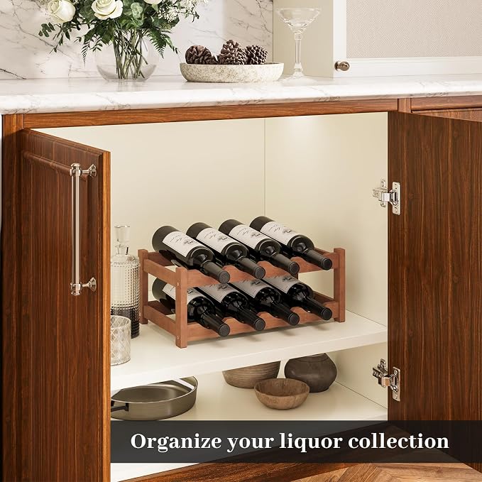 Wine Rack，Bamboo Wine Storage Cabinet Shelf，Countertop Wine Shelf- Freestanding Wine Holder for Kitchen & Pantry (Brown, 2-Tier)
