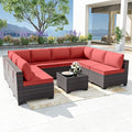 Patio Furniture Set 9-Pieces Outdoor Furniture for Backyard Wicker Sectional Sofa Set, Rattan Patio Conversation Set with Thickened Cushions and Glass Coffee Table, Red