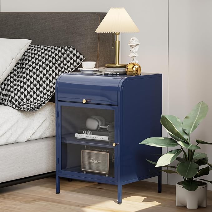 Modern Metal Side Tables Set of 2, End Tables with Glass Door, 2-Tier Nightstands with Storage Shelves, Accent Table, Slim Sofa Table for Living Room, Bedroom (Blue)