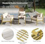 4-Piece Patio Conversation Furniture Set, Rope Weave Outdoor Loveseat Sofa with 2 Armchairs, Thick Cushion&Tempered Glass Table, for Garden Backyard, Onesize, Beige+Mustard Yellow