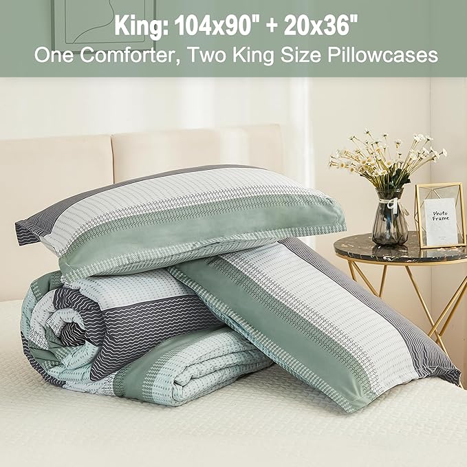 Litanika King Size Comforter Set Sage Green - 3 Pieces Lightweight Bedding Comforter Sets, Light Green White Colorblock Stripe Fluffy Bed Set, All Season Down Alternative