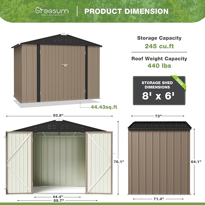 Greesum Outdoor Storage Shed 6 x 8 ft. Utility Tool Shed Metal Storage Garden Shed with Door & Lock for Patio Storage, Brown