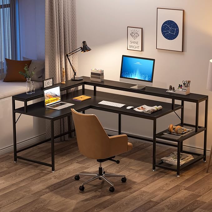 L-Shaped Desk with Monitor Shelf, Black