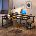 L-Shaped Desk with Monitor Shelf, Black
