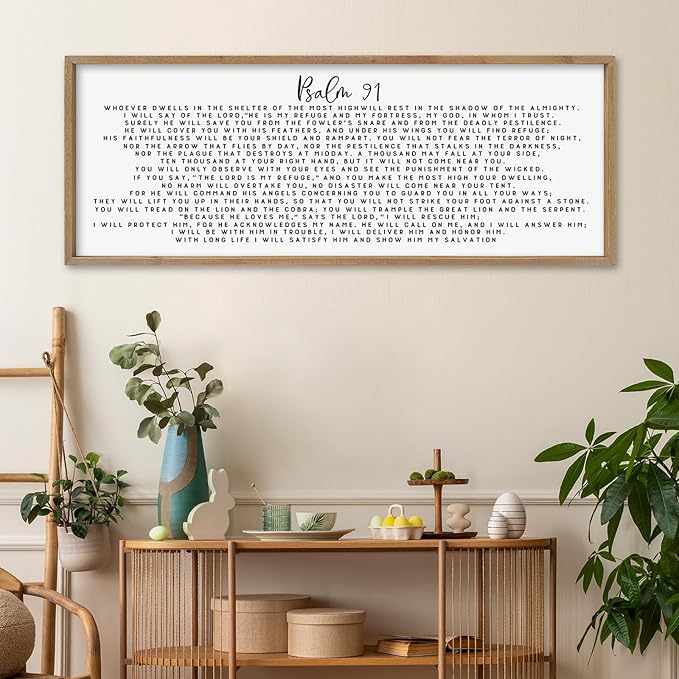 LuZhiQiang Psalm 91 Wall Decor Art 40"×15" Bible Verse Sign for Family Bedroom Christian Large Wood Framed Wall Hanging (Wood)