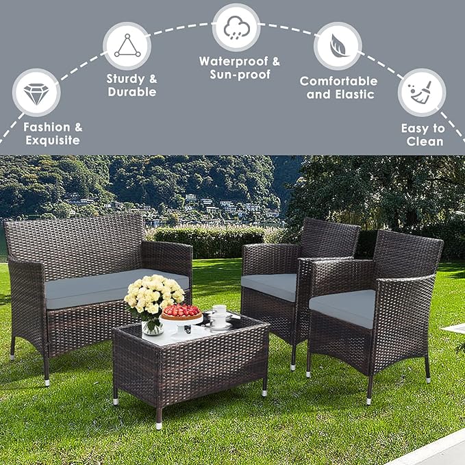 Goplus 4-Piece Rattan Patio Set, Outdoor/Indoor Wicker Conversation Set for Pool, Backyard, Lawn, Wicker Chairs and Sofa with Soft Cushion, Rattan Furniture with Tempered Glass Coffee Table
