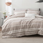 Bedsure Bed in a Bag Queen Size 7 Pieces, Light Camel White Striped Bedding Comforter Sets All Season Bed Set Khaki, 2 Pillow Shams, Flat Sheet, Fitted Sheet and 2 Pillowcases