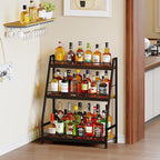 Hayexiha 3-Tier Expanded Liquor Stand, Freestanding Trapezoid Wine Rack | 40+Bottle Capacity: 24.8-inch-wide wood-and-steel stand has stepped shelves, safety fencing and adjustable feet.