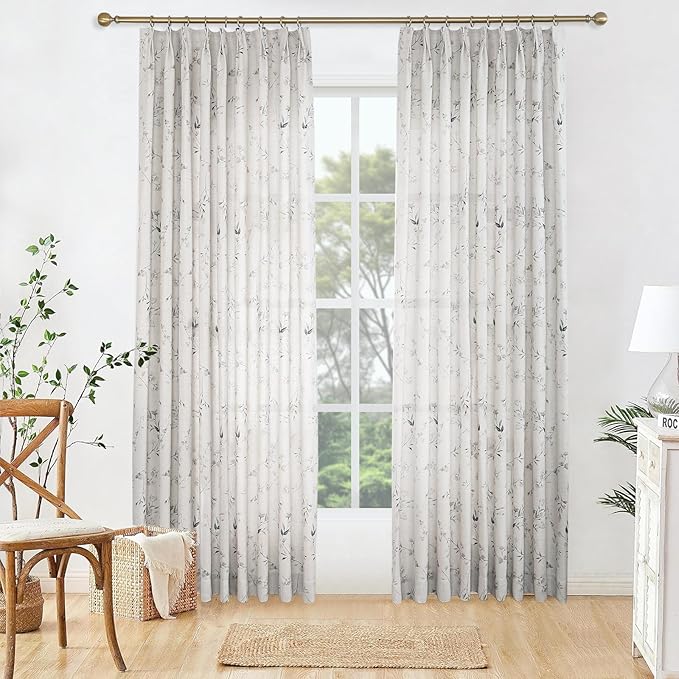 Pinch Pleated Floral Linen Curtains, 72 Inch Wide by 90 Inch Long Printed Curtains for Privacy Light Filtering, Suitable for Living Rooms and Sunrooms.2 Panels