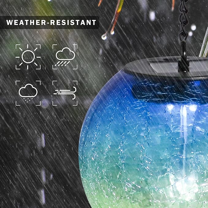 Hanging Solar Lights Outdoor Solar Lanterns Outdoor Decorative Cracked Glass Ball Lights Solar Powered Waterproof LED Globe Lantern for Outdoor Porch Patio Garden Decor Gift Blue&Green