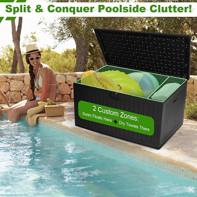 230 Gallon Outdoor Storage Box Waterproof, Extra Large Plastic Outside Deck Box Weatherproof, Resin Patio Storage Bin with Lock and Lids for Pool Equipment, Cushion, Black