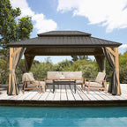 Domi 12'x16' Cedar Wood Gazebo with Double Roof Steel Hardtop,Solid Wood Frame Gazebo,Curtains and Netting Included for Garden, Backyard