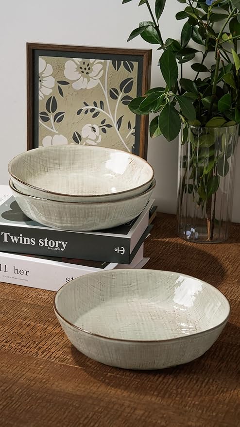 famiware Moonlight 8.5 Inch Pasta Bowls Set of 4, 32oz Serving Bowls for Kitchen, Soup Bowl with Linen Finish, Large Stoneware Bowls for Festivals, Housewarming, Dinnerware, Summer Sand