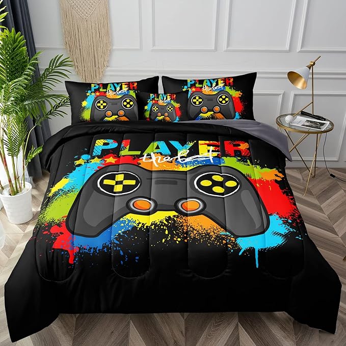Gamer Comforter Set Gaming Twin Size,Video Game Controller Comforter for Boys Kids Adult 3D Gamepad Microfiber Bedding Sets 5 Pieces Bed in A Bag Sets30019,Twin