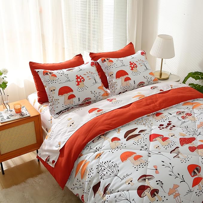 Mushroom Comforter Set Twin Size for Boys Girls Kids Teens 7 Piece Butterfly Flower Bedding Set Bed in a Bag (1 Comforter, 1 Flat Sheet, 1 Fitted Sheet, 2 Pillow Shams, 2 Pillowcases)
