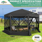 COBIZI 15x15ft Extra Large Pop-Up Gazebo Canopy Tent with Mosquito Netting, Spacious Easy Set-Up Screened Shelter, Durable Outdoor Pavilion with Ground Stakes, Perfect for Patio, Backyard,Black