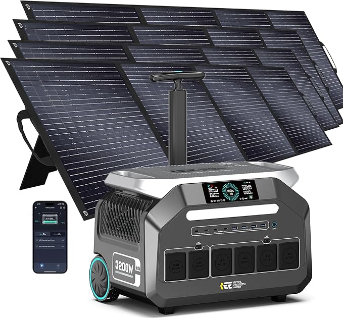 IEE 3200W Portable Power Station P3200 with 4x200W Solar Panel, 2048Wh Solar Generator, 1800W AC Charging, AC Outlets x 4, LiFePO4 Battery Power Station for Home Backup, Camping, RV, Emergency