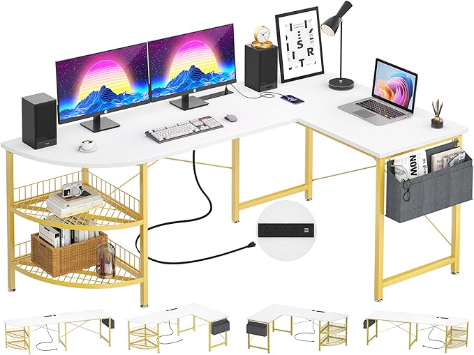 Unikito L Shaped Desk with Power Outlet, 98.4" Reversible Corner Computer Table with Storage Shelves and Bag, Modern 2 Person Large Long Desk for Home Office Writing Study Workstation, White