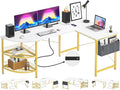 Unikito L Shaped Desk with Power Outlet, 98.4" Reversible Corner Computer Table with Storage Shelves and Bag, Modern 2 Person Large Long Desk for Home Office Writing Study Workstation, White