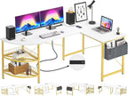Unikito L Shaped Desk with Power Outlet, 98.4" Reversible Corner Computer Table with Storage Shelves and Bag, Modern 2 Person Large Long Desk for Home Office Writing Study Workstation, White