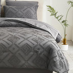 EMME Queen Comforter Set - 7 Pcs Dark Grey Boho Bedding Sets, Full Size Tufted Comforter with Sheets, Shabby Chic Embroidery Queen Bed Set Fluffy Bed Bag for All Season(90"X90")