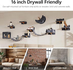 Cat Wall Furniture, 13 in 1 Moon & Bridge Cat Wall Shelves, Grey | Wall Mounted Cats Shelf Set with Plush Fabric, Cat Climbing Systems for 16 Inch Drywall, Condo, Scratching Post, Space-Saving